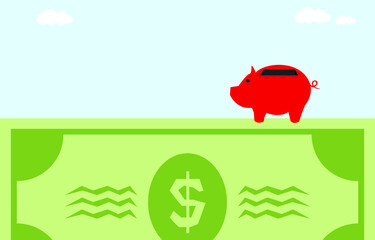 Save money, gold dollar coin in a red piggy bank, the concept of saving for the dark days