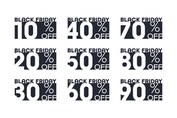 Obraz premium Vector Black Friday Sale Stickers With Percent Discount Offer Typographic Design Template Set Isolated On White Background. New Lower Prices Sale Off 10, 20, 30, 40, 50, 60, 70, 80, 90 Percentage