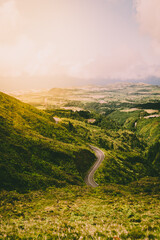 Endless mountain road with luxurious nature landscape in the Island of São Miguel. Azores Islands,...