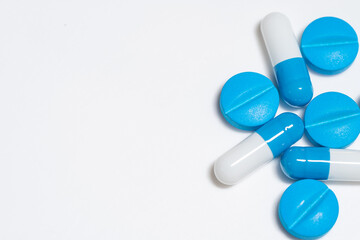 Top view of assorted pharmaceutical medicine pills, tablets and capsules.Pills background with copy space for text