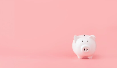 Money saving and investment concept. Piggy bank on pink background with copy space