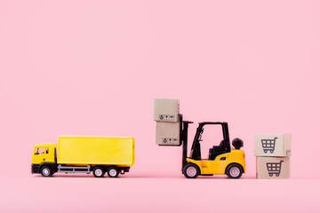 Logistics, and delivery service - Cargo truck, Forklift and paper cartons or parcel with a shopping...