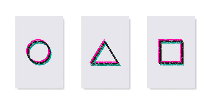 Geometric design with square, circle and triangle. Abstract trendy minimalistic geometrical posters with distortion effect and grunge texture. Vector illustration in modern korean style