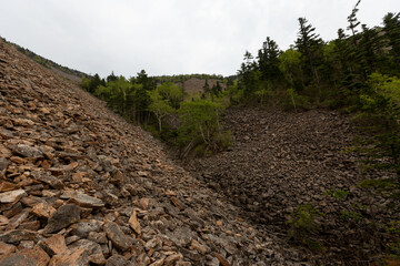 The nature of the Far East. A steep rocky ascent to Mount Lysaya in the Primorsky region. Natural kurumnik on a high mountain.