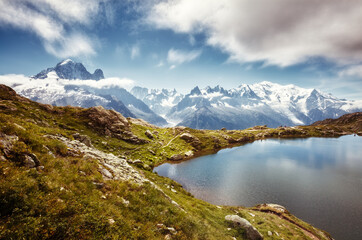Views of the Mont Blanc glacier with Lac Blanc. Location place Graian Alps, France.