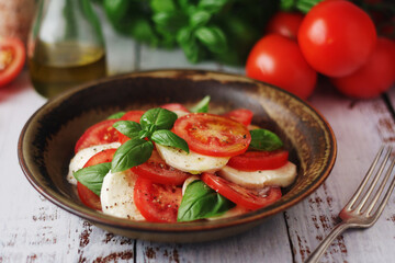 A bowl with traditional Italian caprese salad