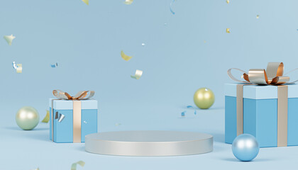 Christmas or New Year holidays background with podium or pedestal, confetti and gift boxes, 3d render