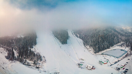 Fototapeta na wymiar Panoramic aerial winter view of the ski center Vysne Ruzbachy, Slovakia