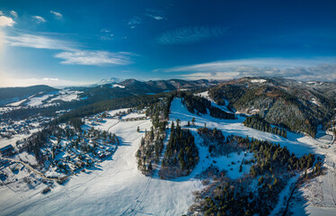 Panoramic aerial winter view of the ski center Vysne Ruzbachy, Slovakia