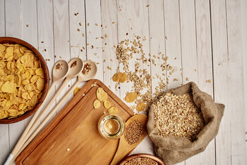 wooden kitchen items food muesli wood background