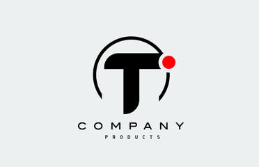 T black white alphabet logo letter icon with circle and red dot