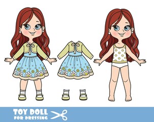 Cartoon brunette girl with lush curly hairstyle dressed and clothes separately - fancy dress with bolero and sandals doll for dressing