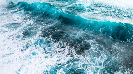 Huge ocean wave during storm. Sea water background in rough conditions. Pacific ocean waves in frenh polynesia.
