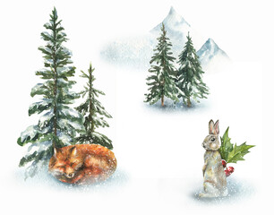 Watercolor fox and white hare illustration. Winter forest background with pine and fir trees, snowy trees and mountains. Hand-painted Christmas design template with evergreen forests and wild animals. © Marina