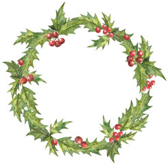 Watercolor Christmas illustration of a wreath with pointed leaves and red berries. Ideal for Christmas and New Year cards, invitations. Illustration on white background.