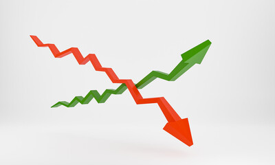 Two graphs with arrows crossing each other. One arrow up and one arrow down. Symbol for positive and negative trend. There is place to add text. 3D illustration.