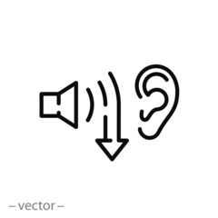 low noise level icon, reduction quiet, reduce volume, speaker and ear, less hear, thin line symbol on white background - editable stroke vector illustration