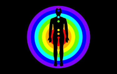Human body and abstract background, seven chakras medicine