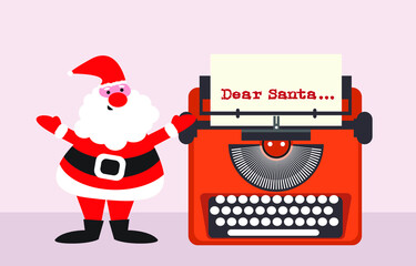 Letter merry christmas illustration of santa claus on pink background, dear santa claus on typewriter