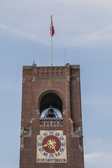 Architectural fragment of old Beurs van Berlage building (Stock Exchange by Berlage,). Beurs van Berlage (now public hall) - important monument of Dutch architecture. Amsterdam, Netherlands.