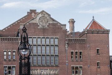 Architectural fragment of old Beurs van Berlage building (Stock Exchange by Berlage,). Beurs van...