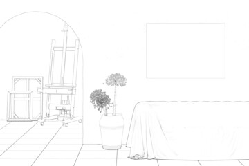 Sketch of an artist's workshop with a blank horizontal poster over a covered sofa, dried flowers in a shabby clay pot, an arched doorway, an easel with pictures and frames in the background. 3d render