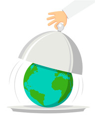 A hand holds an open silver cap. Under which the planet Earth lies on a plate. Vector illustration in a flat style.