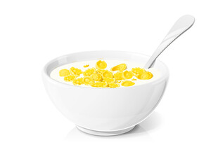 Cornflakes in ceramic bowl. Traditional dry corn flakes breakfast food, Isolated on white background. Vector illustration.