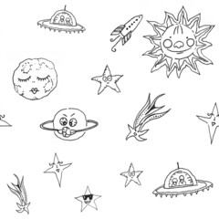 stock illustration. seamless pattern isolated on white background space objects. space with stars for children. design for fabric, textile, wallpaper, wrapping