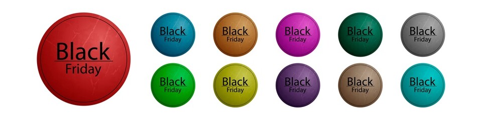Black friday button in different colors on a white background. 