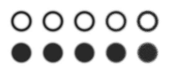 Stippled Circles Hand Drawn Dotwork Vector Blur Abstract Shapes Set In Different Variations Isolated On White Background. Various Degree Black Blur Texture Dotted Round Design Elements Collection