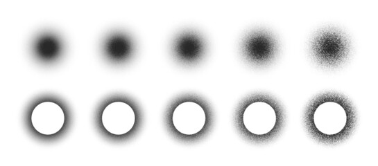 Stippled Circles Hand Drawn Dotwork Vector Blurred Abstract Shapes Set In Different Variations Isolated On White Background. Various Degree Black Noise Texture Dotted Round Design Elements Collection