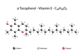 Molecular formula of alpha tocopherol. Alpha tocopherol or vitamin E exists in eight different forms, four tocopherols and four tocotrienols. - obrazy, fototapety, plakaty