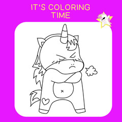 Unicorn coloring worksheet page. Coloring worksheet for preschool. Isolated outline for coloring book. Black and white image for coloring. Vector illustration.