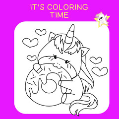 Unicorn coloring worksheet page. Coloring worksheet for preschool. Isolated outline for coloring book. Black and white image for coloring. Vector illustration.