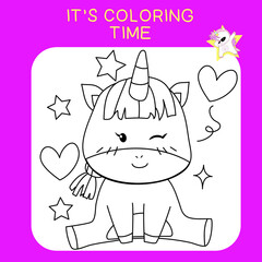 Unicorn coloring worksheet page. Coloring worksheet for preschool. Isolated outline for coloring book. Black and white image for coloring. Vector illustration.