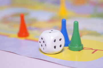 Close-up of chips and dice for a board game.