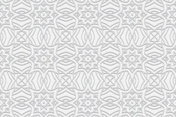 Unique banner, cover design, white background. Geometric volumetric convex ethnic abstract 3D pattern. Eastern, Indonesian, Mexican, Aztec style.