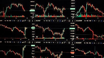 Cryptocurrency trading. Bitcoin graphic. Bitcoin mining. Finance management concept. Money trading. Digital trade. Profit and loss graph. Online trading via internet. Crypto buy and sell.