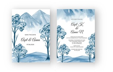 Winter mountain landscape watercolor wedding invitation