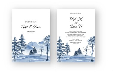 Winter mountain landscape watercolor wedding invitation