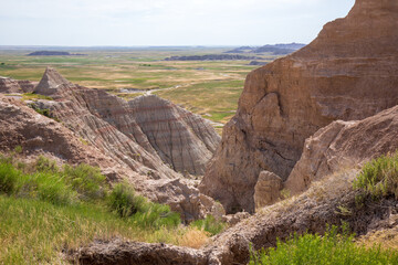 Norbeck Pass at Fossil Exhibit Trailhead in Badland national park during sunny summer. Badland landscape South Dakota.