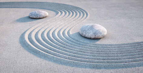 Fototapeta na wymiar Japanese ZEN garden - stones and raked sand in the evening sun