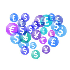 Euro dollar pound yen circle signs scatter currency vector background. Profit growth concept.