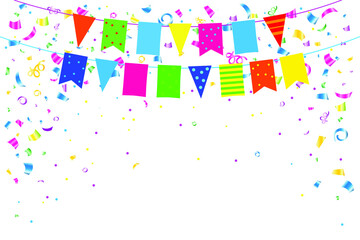 festive background, banner with colored confetti, flags and streamers on a black or white background