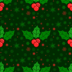 Hand drawn abstract Christmas seamless pattern with holly berries and stars isolated on green background