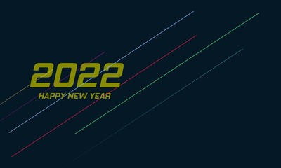 2022 Happy New Year text design with golden numbers on blue background with simple line. Holiday banner, poster, greeting card or invitation template. Year of the rat. Copy space. Vector illustration