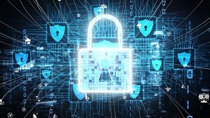 Cyber Security and Digital Data Protection conceptual . Graphic interface showing secure firewall technology for online data access defense against hacker, virus and insecure information for privacy.