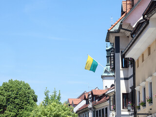 Panorama of Mestni trg, the main square of Skofja loka, Slovenia, with the city hall, obcina, aa...