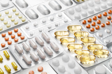 pharmaceutical background from medicaments. Treatment concept. Background fill of many blisters of medical pills, tablets. Perspective view of pharmacy drug. Healthcare concept